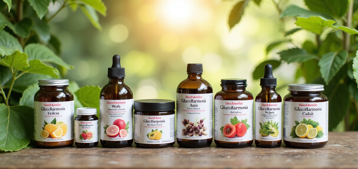Różnorodne produkty Glucoharmonia na tle zielonych liści